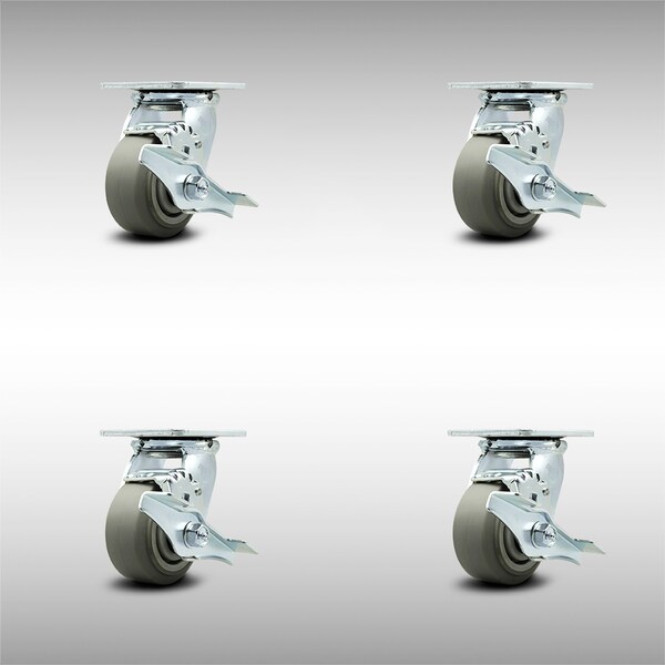 4 Inch SS Thermoplastic Rubber Caster Set with Ball Bearings & Brake/Swivel Lock